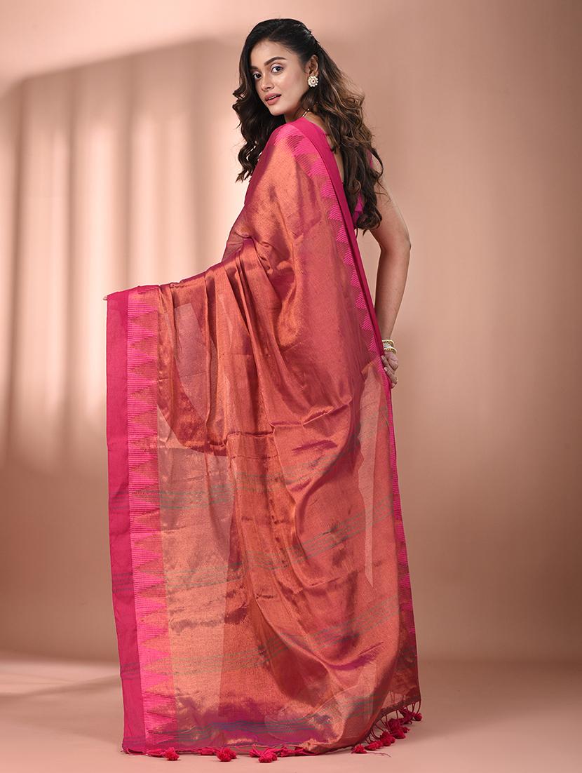 women solid with bordered handloom saree with blouse - 21908425 - Standard Image - 3