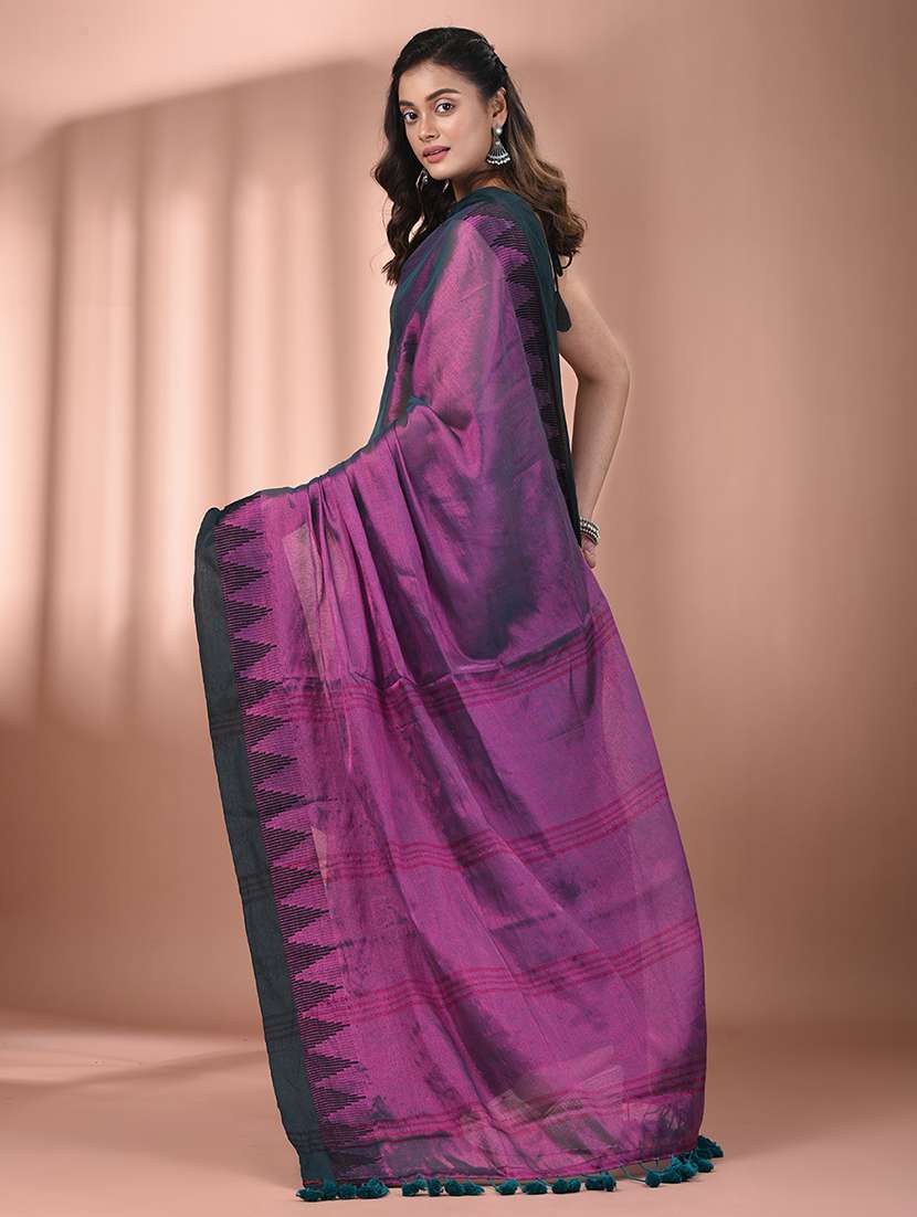 women solid with bordered handloom saree with blouse - 21908428 - Standard Image - 3
