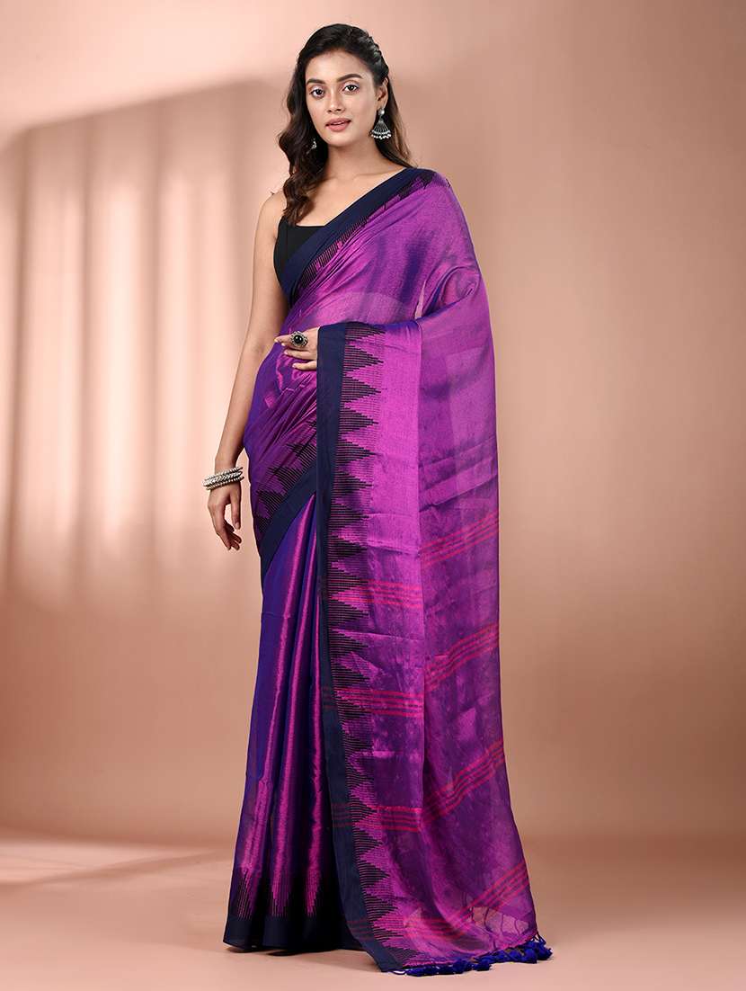 women solid with bordered handloom saree with blouse