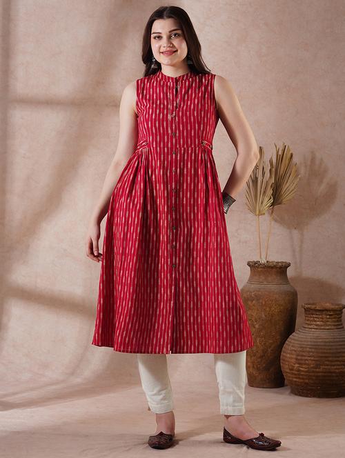 globus women maroon striped mandarin collar pleated button-down front slit workwear kurta - 21908434 - Standard Image - 0