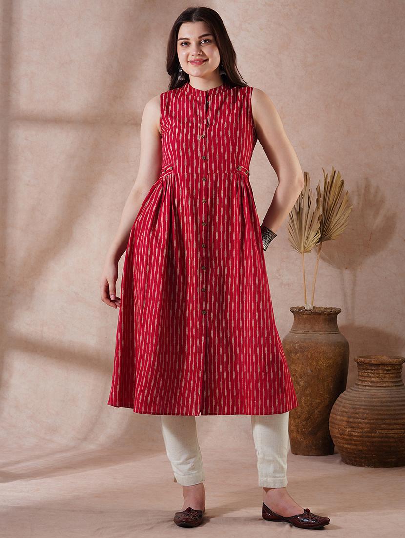 globus women maroon striped mandarin collar pleated button-down front slit workwear kurta - 21908434 - Zoom Image - 0