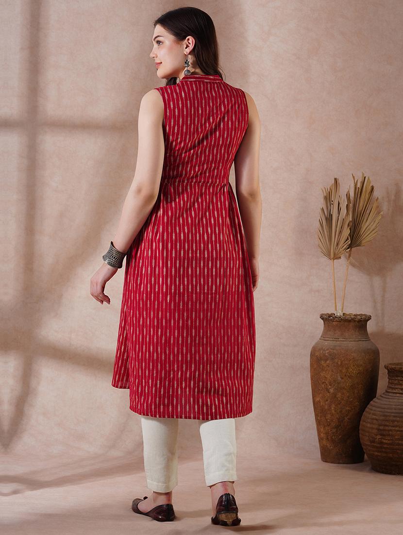 globus women maroon striped mandarin collar pleated button-down front slit workwear kurta - 21908434 - Standard Image - 3