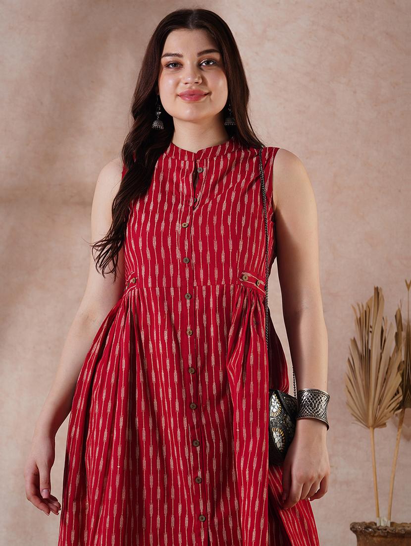 globus women maroon striped mandarin collar pleated button-down front slit workwear kurta - 21908434 - Standard Image - 5