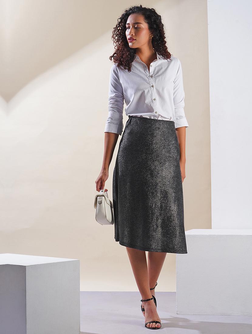 globus women gunmetal shimmer ribbed mid-rise flared midi party skirt - 21908450 - Standard Image - 5