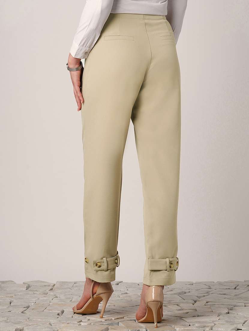 globus women light beige mid rise straight fit adjustable button hem korean pants - 21908451 -  Standard Image - 3