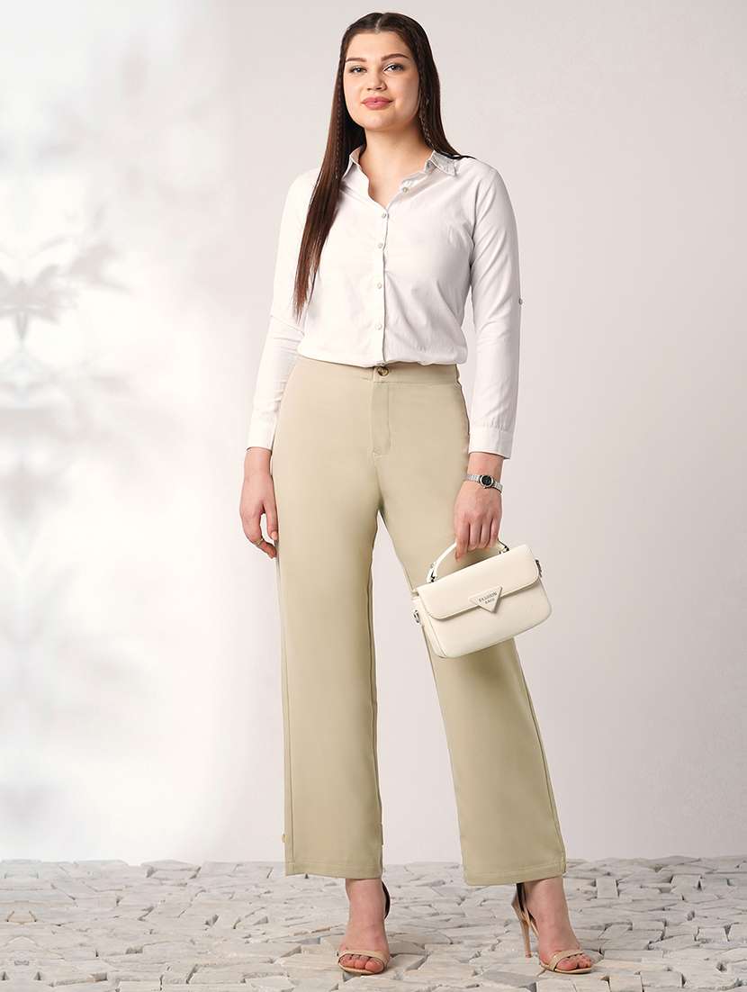 globus women light beige mid rise straight fit adjustable button hem korean pants - 21908451 -  Standard Image - 5