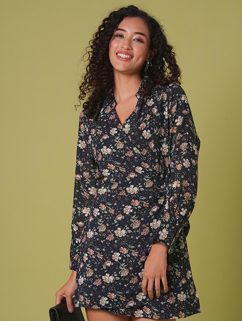 globus women navy blue collared v-neck cuffed sleeves allover floral print mini tie-up wrap dress - 21908466 -  Zoom Image - 0