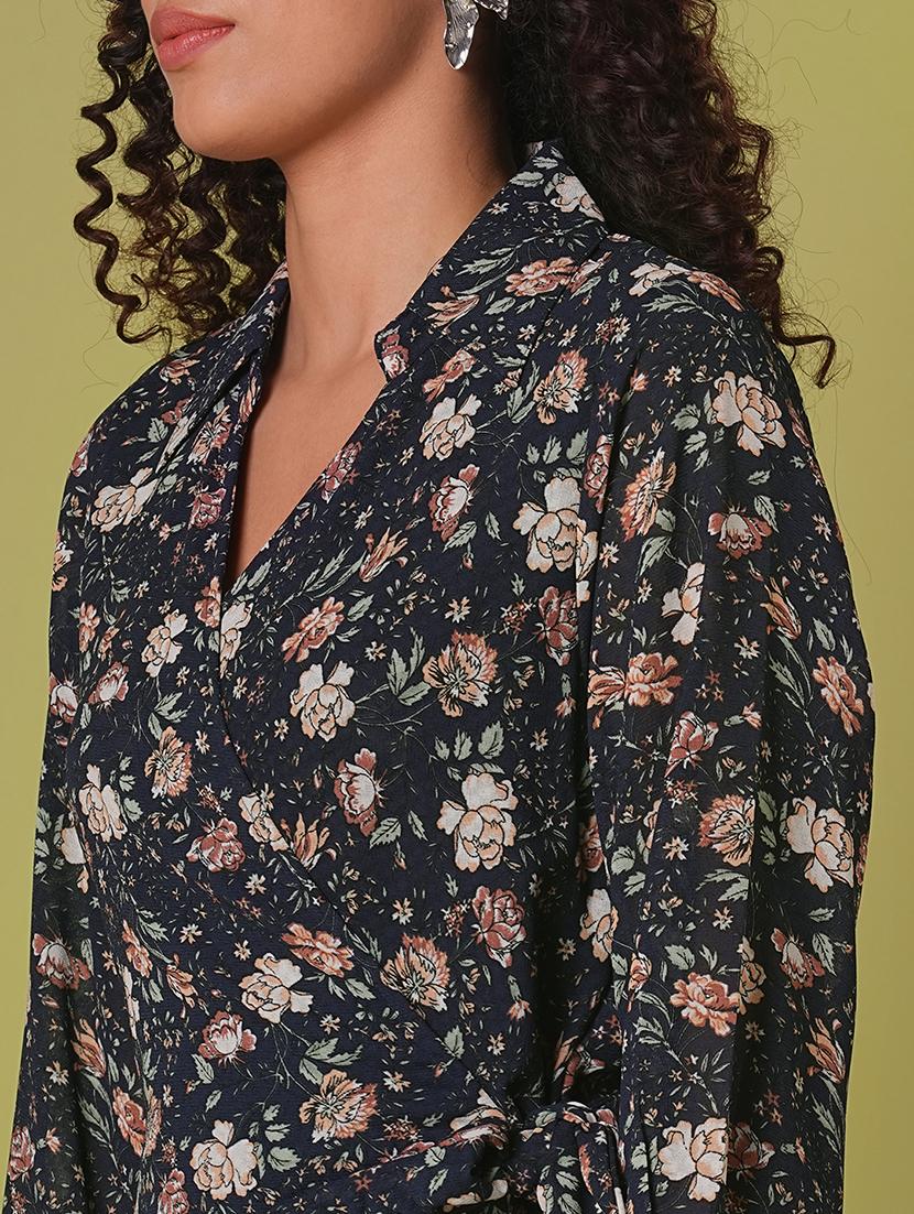 globus women navy blue collared v-neck cuffed sleeves allover floral print mini tie-up wrap dress - 21908466 - Standard Image - 3