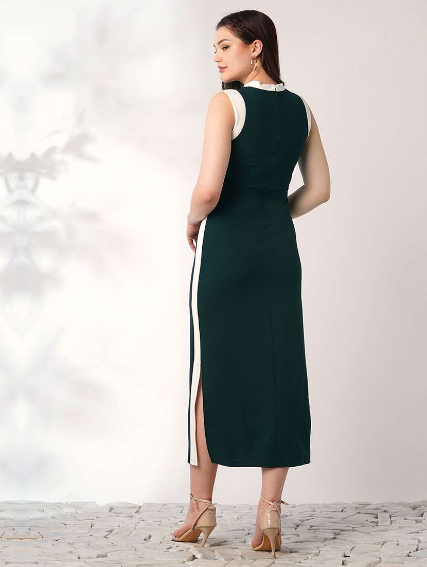 globus women green round neck sleeveless colourblock side slit midi bodycon workwear dress - 21908469 -  Standard Image - 3