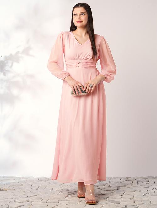 globus women pink v-neck bishop sleeves smocked fit & flare maxi party dress - 21908473 - Standard Image - 0