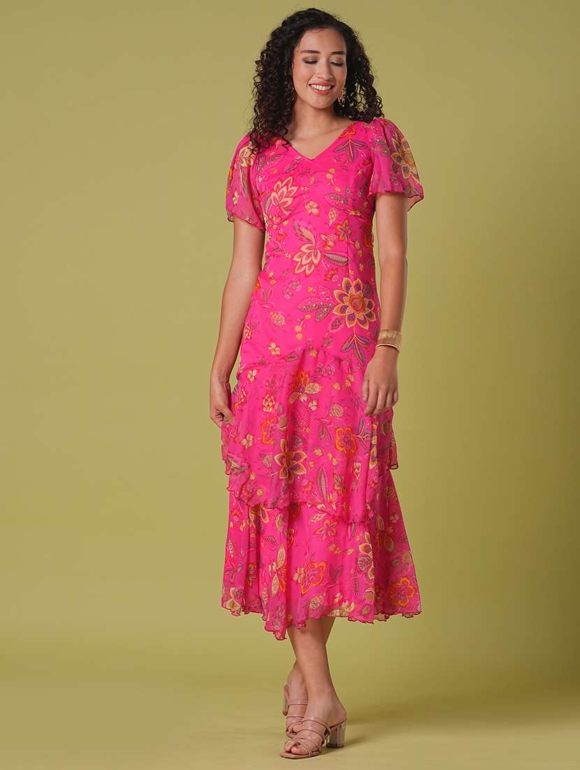 globus women pink v-neck flared sleeves floral print layered fit & flare maxi party dress