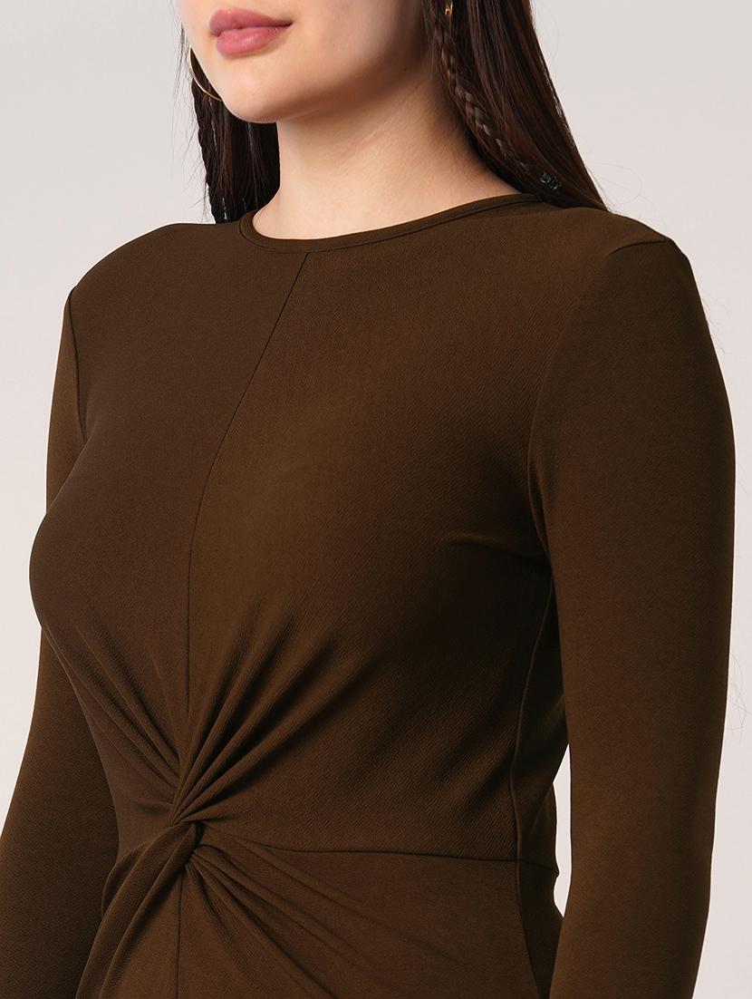 globus women coffee brown round neck long sleeves solid twisted detail midi bodycon party dress - 21908475 - Standard Image - 3