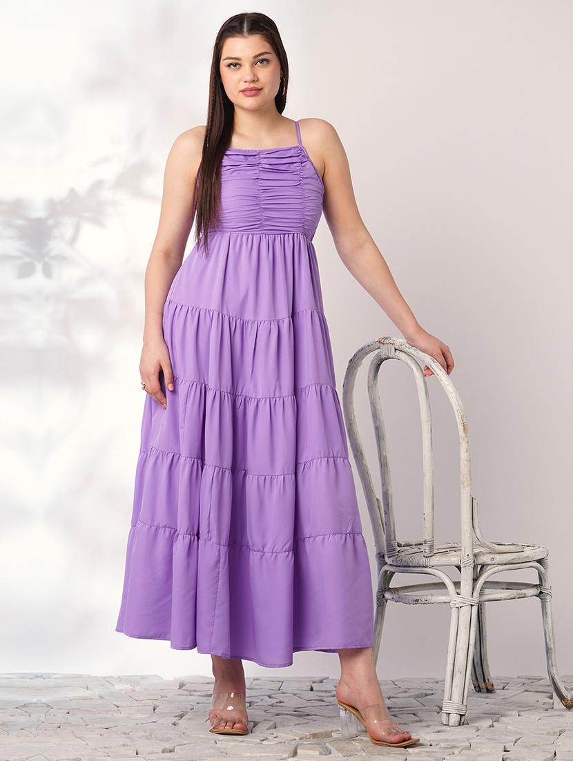 globus women lavender square neck strappy shoulder ruched smocked cut-outs detail tiered fit & flare maxi party dress - 21908477 -  Zoom Image - 0
