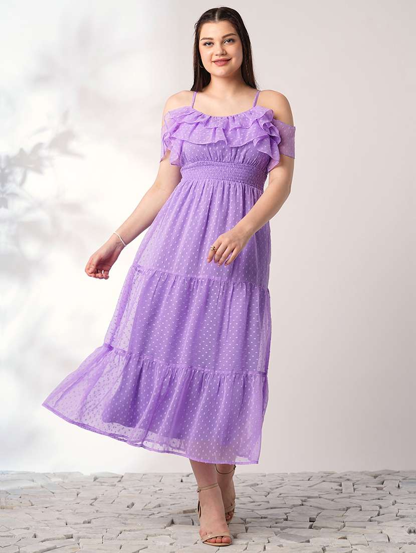 globus women lavender off shoulder self design ruffles detail smocked fit & flare midi party dress - 21908479 - Zoom Image - 0