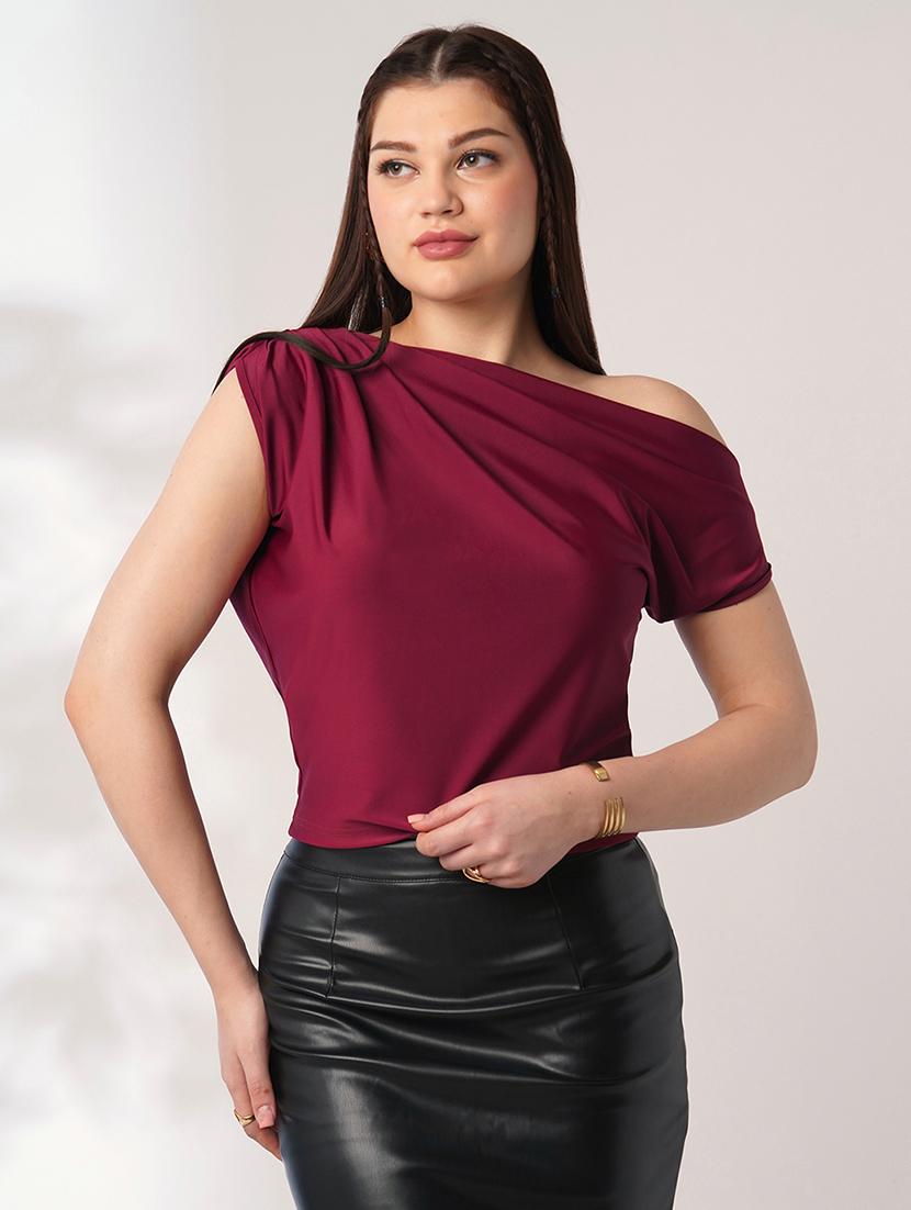globus women maroon one shoulder extended sleeve party top - 21908480 -  Zoom Image - 0