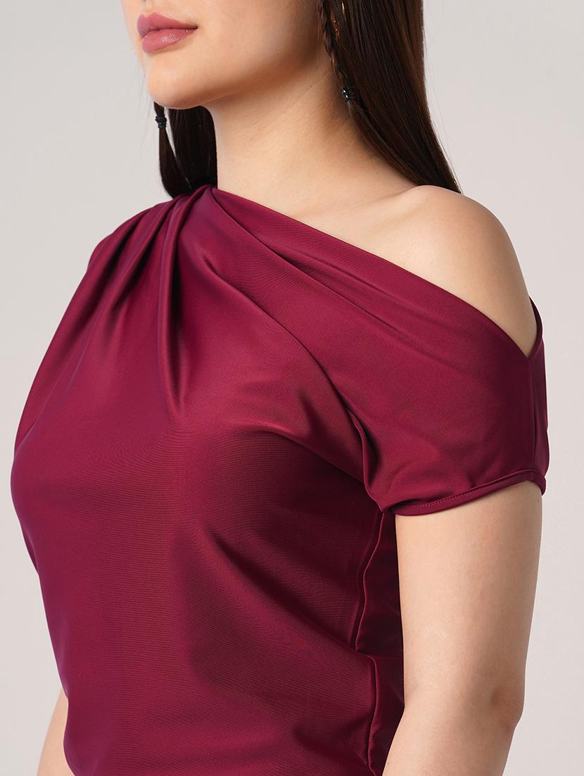 globus women maroon one shoulder extended sleeve party top - 21908480 - Standard Image - 3