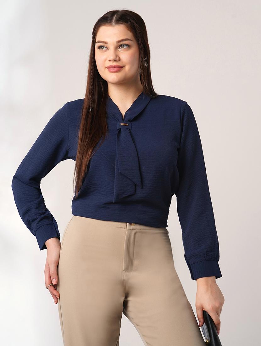 globus women navy blue tie-up neck cuffed sleeves workwear top - 21908482 - Zoom Image - 0