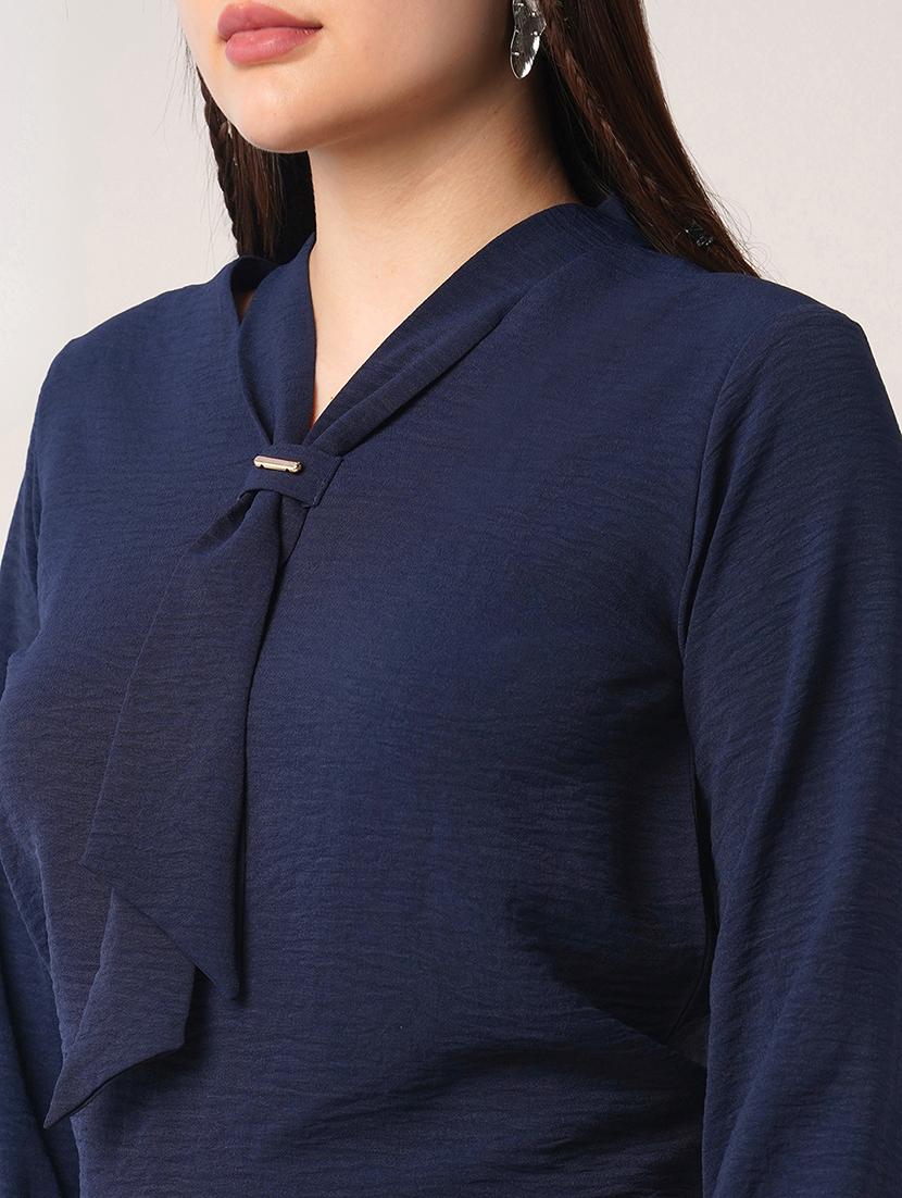 globus women navy blue tie-up neck cuffed sleeves workwear top - 21908482 - Standard Image - 3