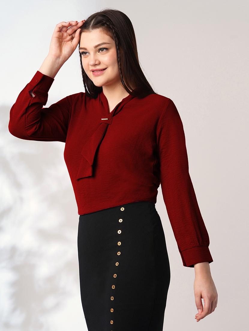 globus women maroon tie-up neck cuffed sleeves workwear top - 21908483 - Zoom Image - 0