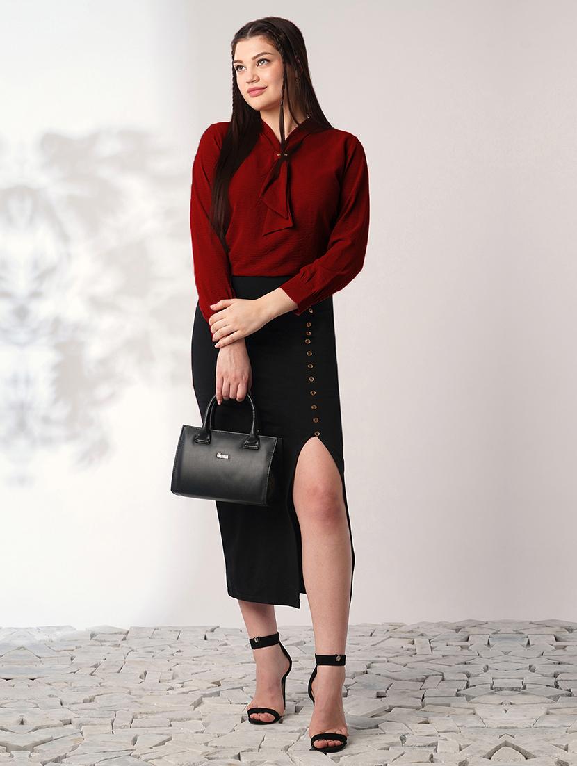 globus women maroon tie-up neck cuffed sleeves workwear top - 21908483 - Standard Image - 3