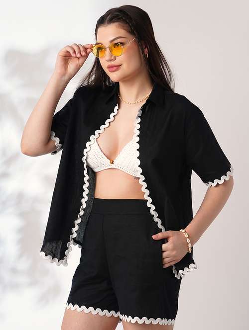 globus women black collared neck lace detailing oversized shirt with shorts co-ords set - 21908486 - Standard Image - 0