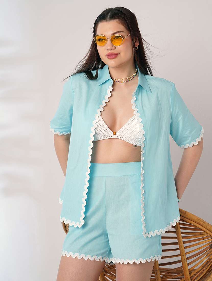 globus women blue collared neck lace detailing oversized shirt with shorts co-ords set - 21908487 - Zoom Image - 0