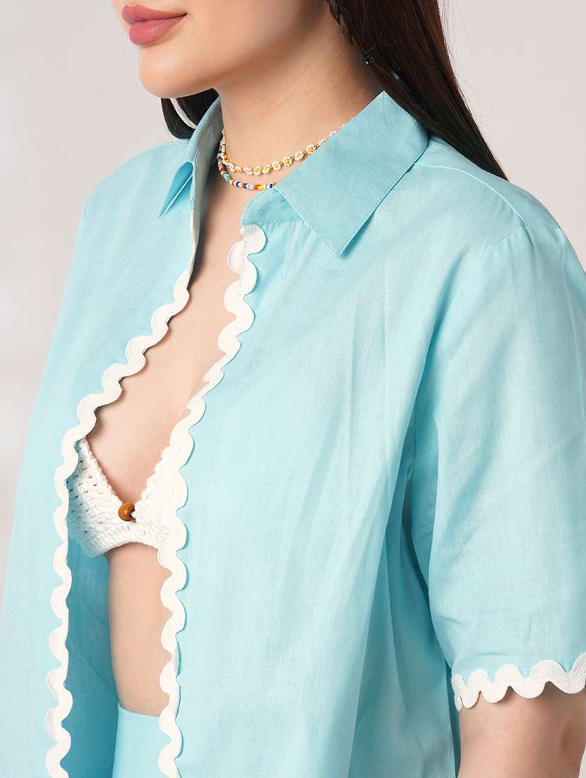 globus women blue collared neck lace detailing oversized shirt with shorts co-ords set - 21908487 - Standard Image - 3