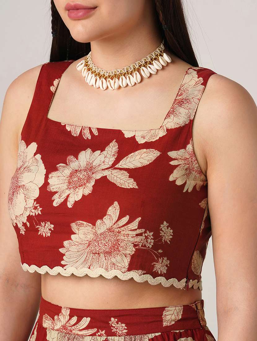 globus women red floral print square neck lace insert crop top with tiered maxi skirt ethnic co-ord set - 21908488 -  Standard Image - 3