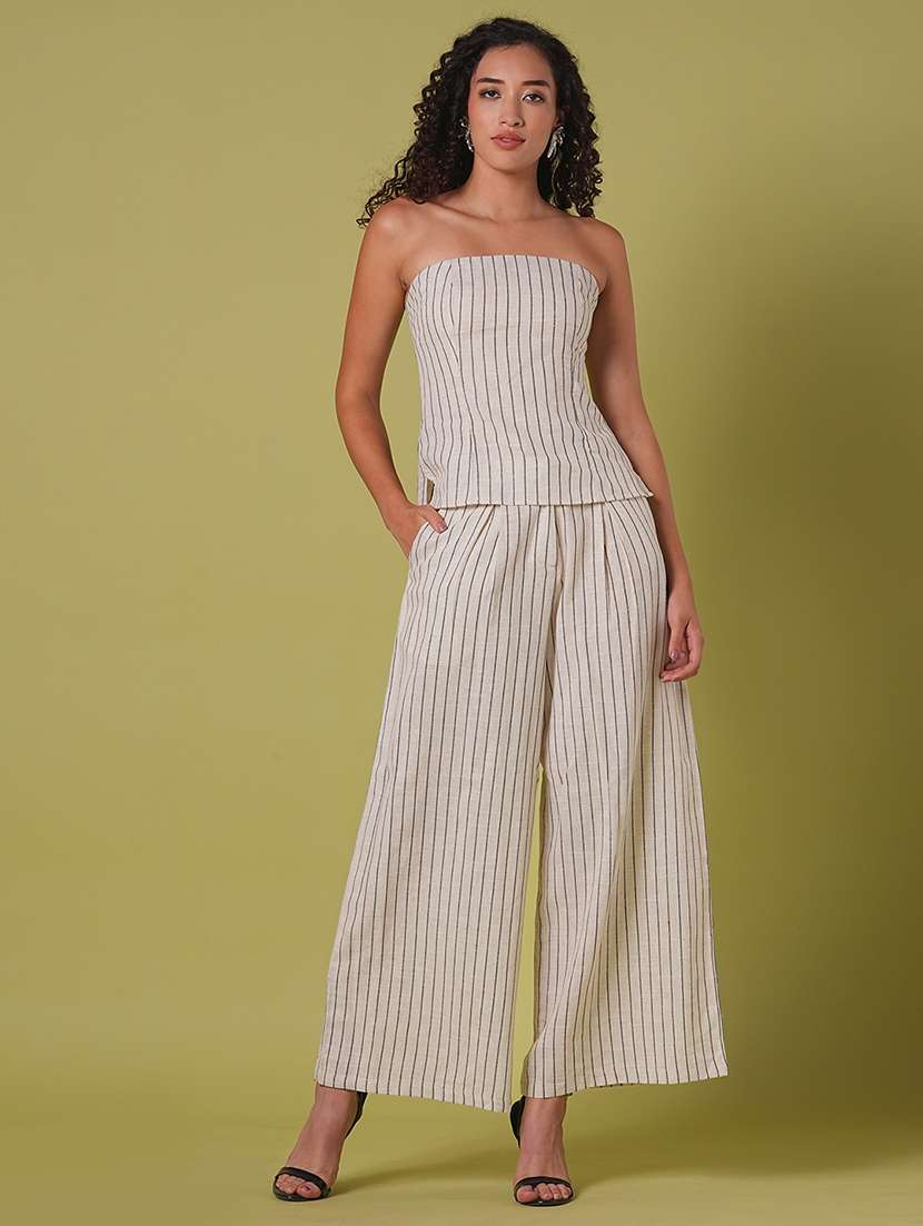 globus women beige striped pattern smocked off shoulder top with wide leg trousers co-ord set - 21908489 -  Zoom Image - 0
