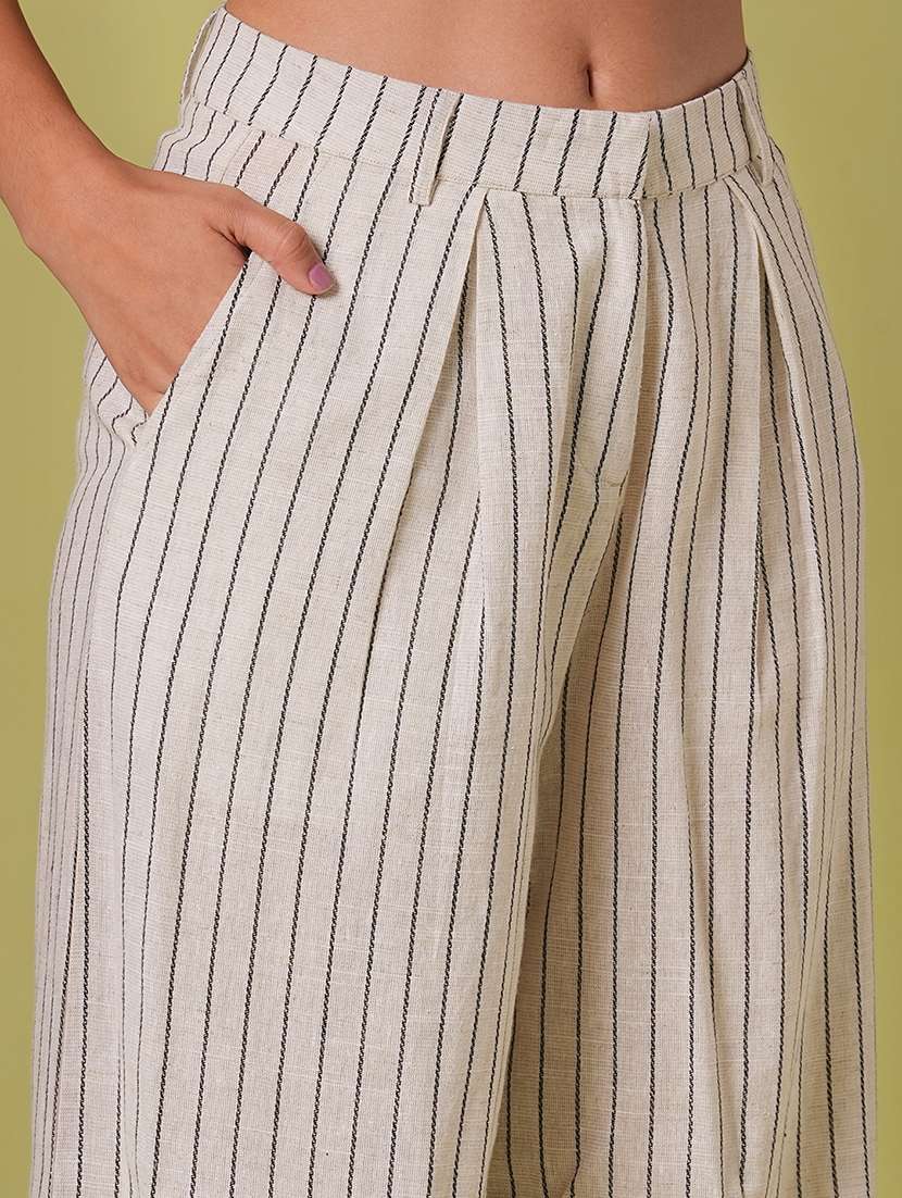 globus women beige striped pattern smocked off shoulder top with wide leg trousers co-ord set - 21908489 -  Standard Image - 3