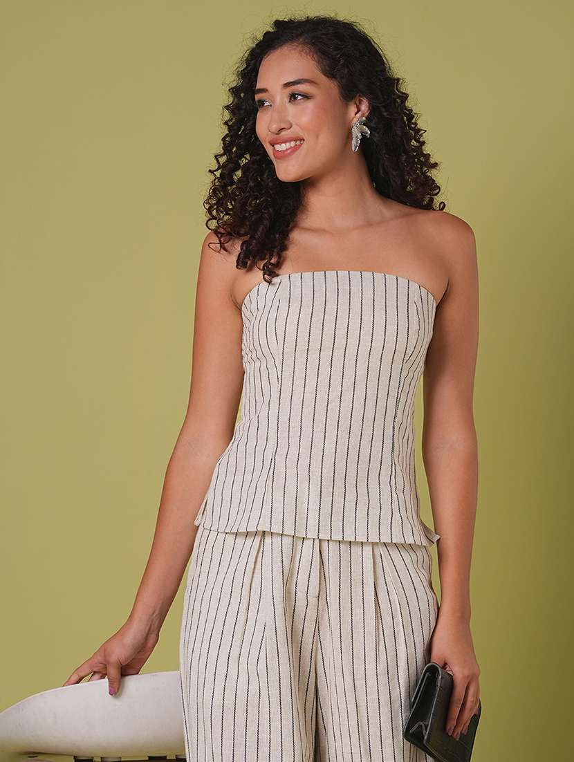 globus women beige striped pattern smocked off shoulder top with wide leg trousers co-ord set - 21908489 -  Standard Image - 5