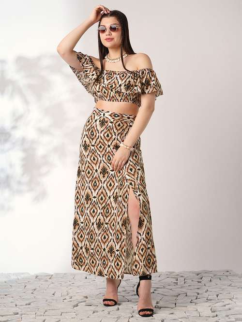 globus women brown ikat print off shoulder ruffle fitted crop top with side slit maxi skirt co-ord set - 21908490 - Standard Image - 0