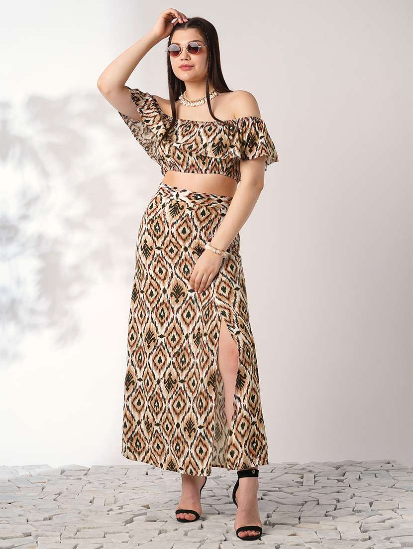 globus women brown ikat print off shoulder ruffle fitted crop top with side slit maxi skirt co-ord set - 21908490 - Zoom Image - 0