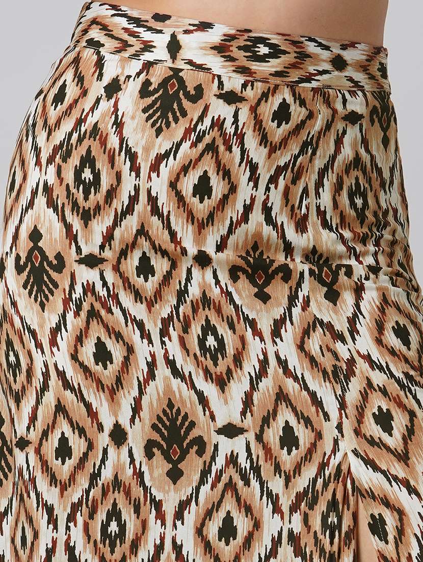 globus women brown ikat print off shoulder ruffle fitted crop top with side slit maxi skirt co-ord set - 21908490 - Standard Image - 3