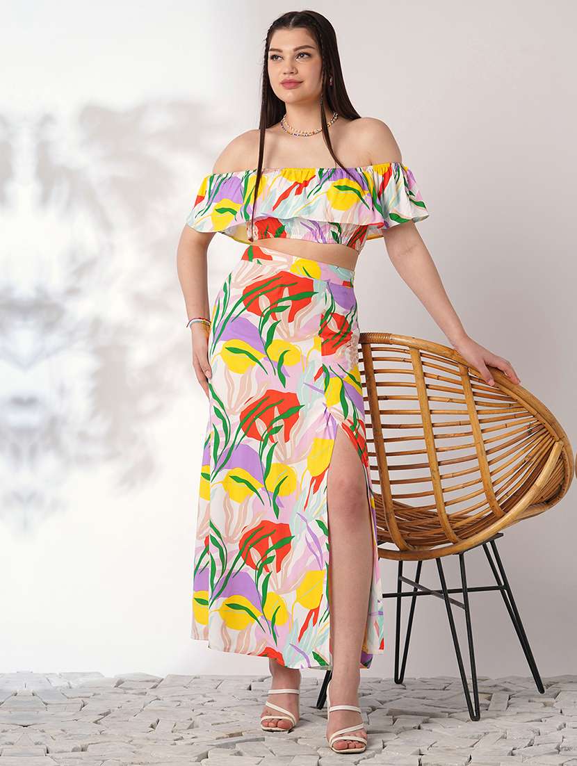 globus women multi color floral print off shoulder ruffle fitted crop top with side slit maxi skirt co-ord set - 21908491 -  Zoom Image - 0