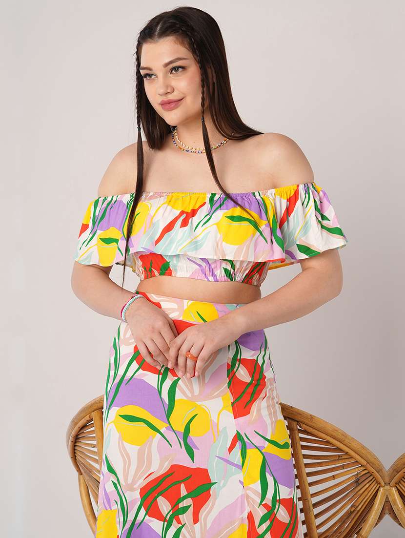 globus women multi color floral print off shoulder ruffle fitted crop top with side slit maxi skirt co-ord set - 21908491 -  Standard Image - 5
