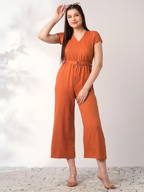 globus women rust wrap v-neck short sleeves belted long jumpsuit - 21908494 -  Standard Image - 0
