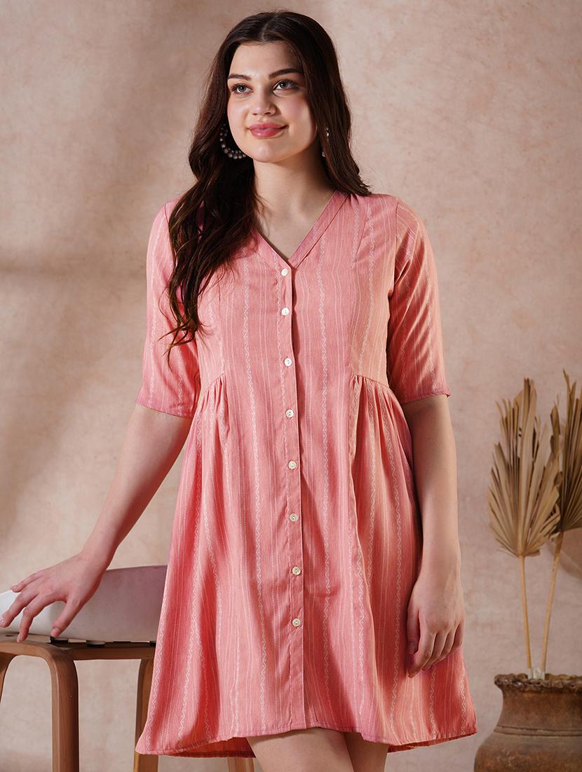 globus women pink self design v-neck embroidered detail button down a-line mini dress - 21908497 - Zoom Image - 0