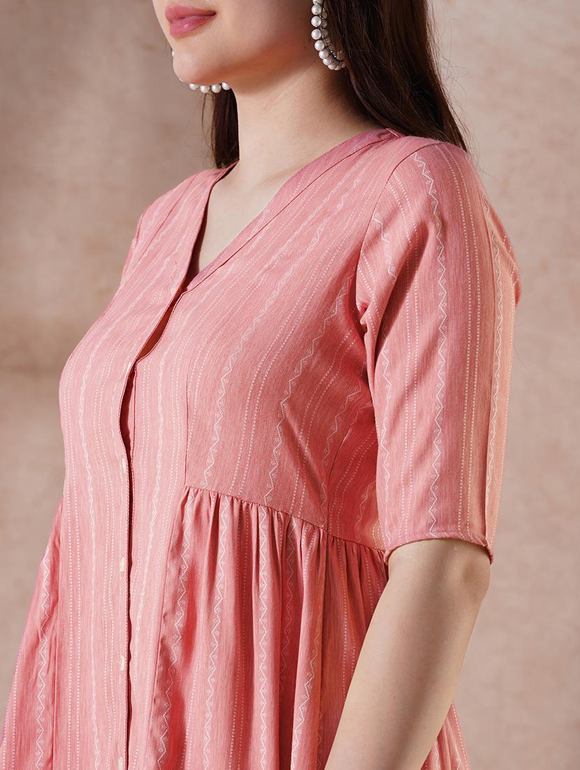 globus women pink self design v-neck embroidered detail button down a-line mini dress - 21908497 - Standard Image - 3
