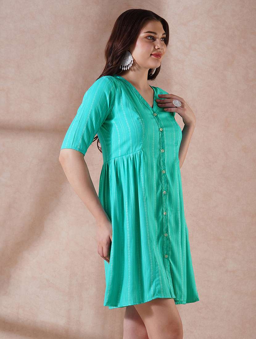 globus women sea green self design v-neck embroidered detail button down a-line mini dress - 21908498 -  Standard Image - 3