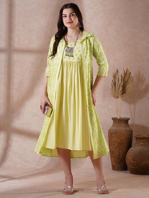globus women green strappy shoulder gathered a-line midi ethnic dress with shirt style printed shrug - 21908499 - Standard Image - 0