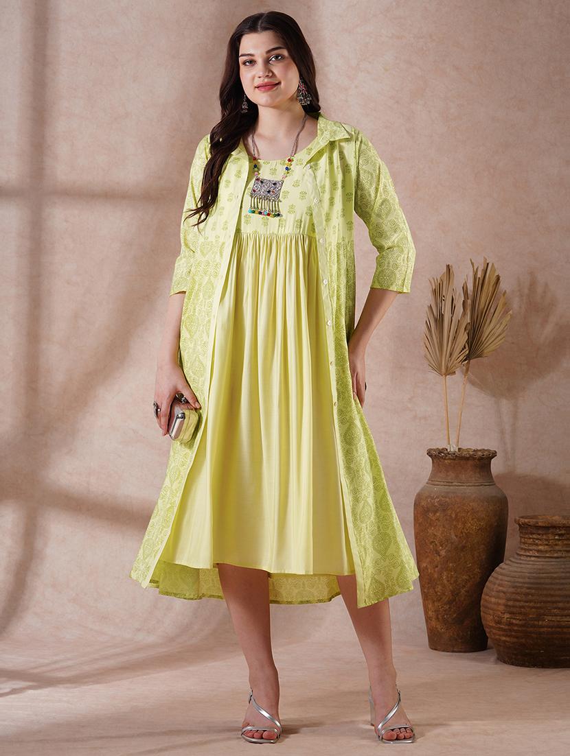 globus women green strappy shoulder gathered a-line midi ethnic dress with shirt style printed shrug - 21908499 - Zoom Image - 0
