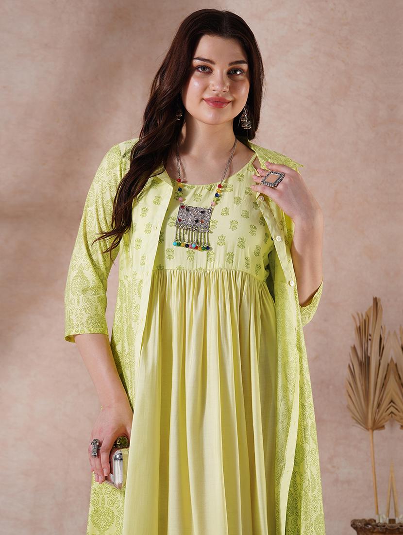 globus women green strappy shoulder gathered a-line midi ethnic dress with shirt style printed shrug - 21908499 - Standard Image - 5
