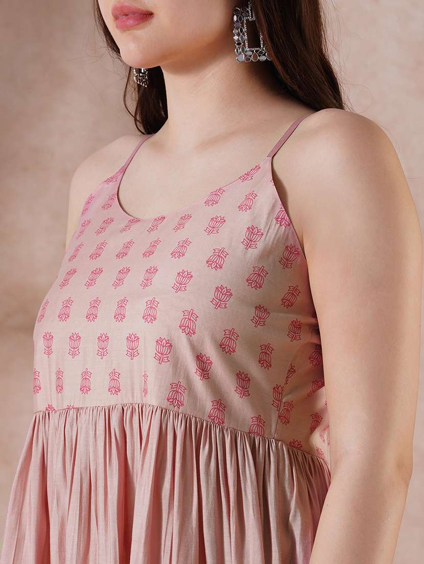 globus women peach strappy shoulder gathered a-line midi ethnic dress with shirt style printed shrug - 21908500 -  Standard Image - 3