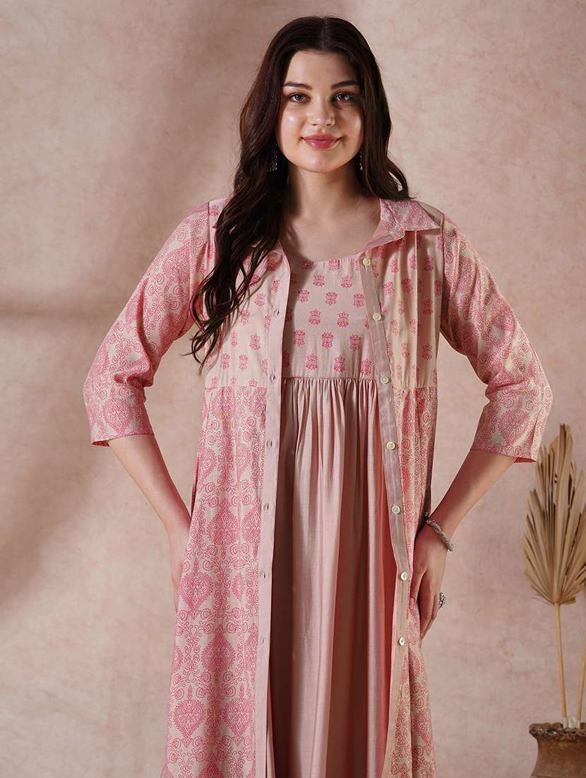 globus women peach strappy shoulder gathered a-line midi ethnic dress with shirt style printed shrug - 21908500 -  Standard Image - 5