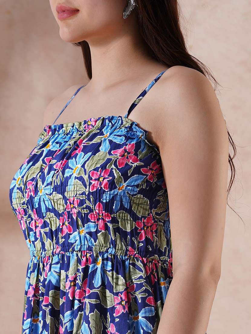 globus women navy blue floral print square neck strappy shoulder gathered fit & flare midi fusion dress - 21908505 -  Standard Image - 3