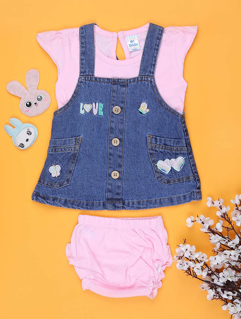girls solid dungaree dress with bloomer