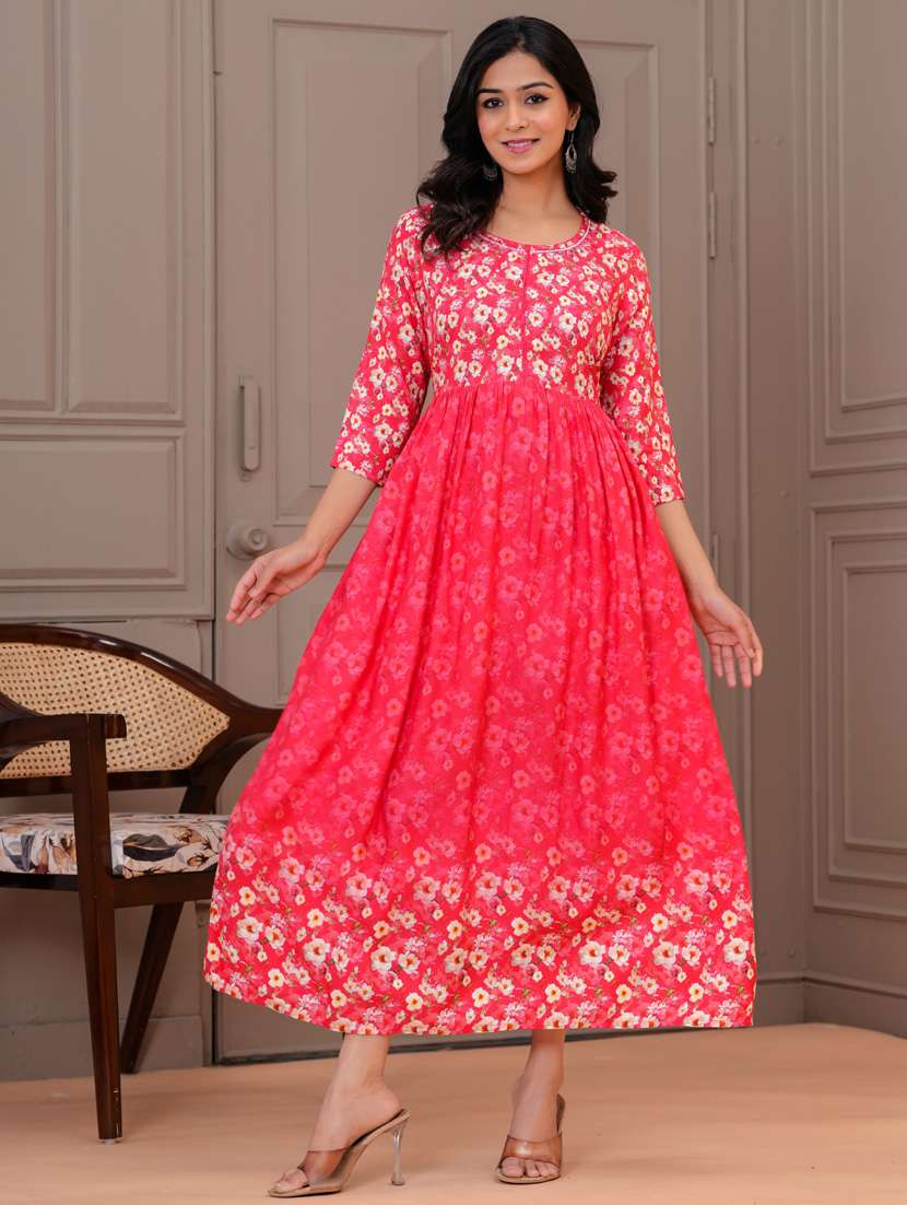 women three quarter sleeve flared ethnic dress - 21908842 -  Standard Image - 3