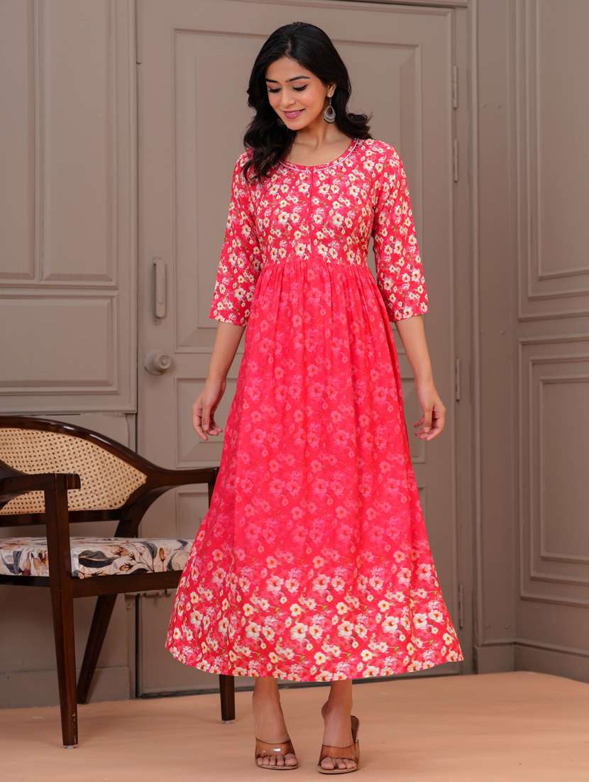 women three quarter sleeve flared ethnic dress - 21908842 -  Standard Image - 5