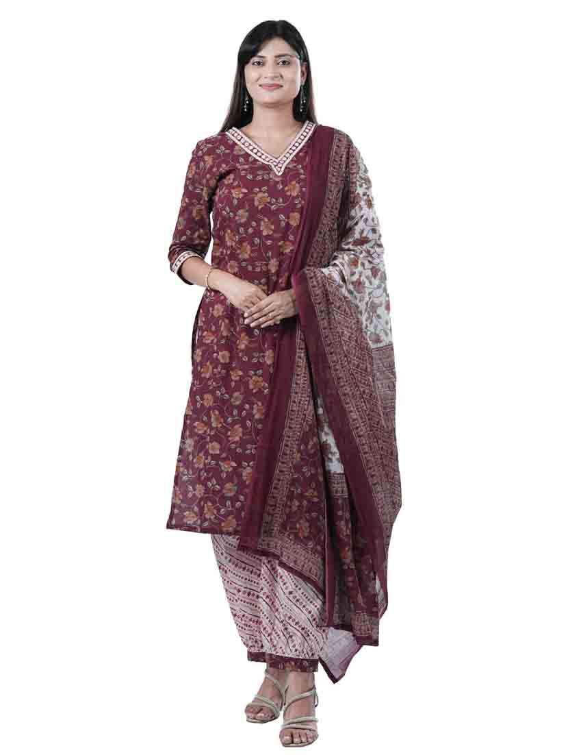 women three quarter sleeve kurta salwar with dupatta set